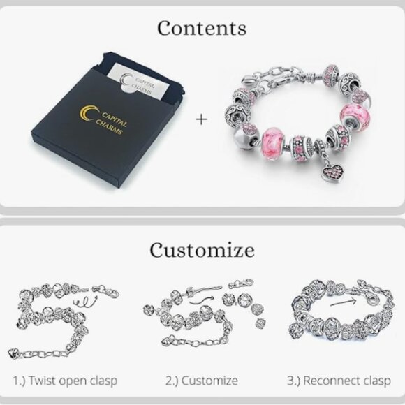 Pink Hearts Silver Plated Charm Bracelet Set - Picture 3 of 3